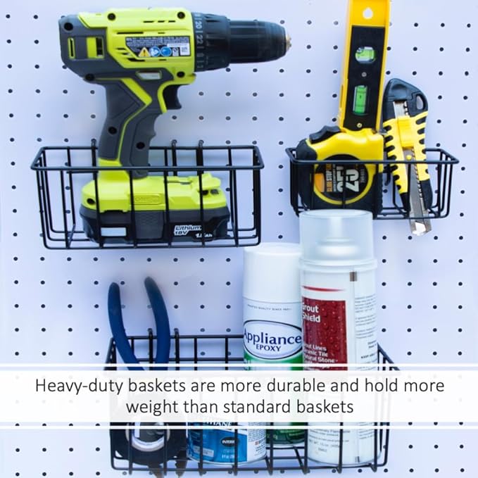 Heavy Duty Peg Board Hook Baskets for ¼ Pegboard Holes, Set of 3 Black Wire Baskets, Extra Thick Metal Fit Snugly in Pegboards with ¼ Inch holes, ¼” Peg Board Organizer Accessories for Tools and More