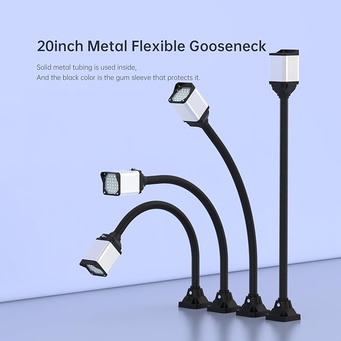 LED lathe Work Light, 20in Flexible Gooseneck Lamp with 28LEDs, 1200 Lumen Machine Light for LatheCNc Milling Drill Press Sewing Machine IndustrialLighting,120V(Base with 4screw holes)