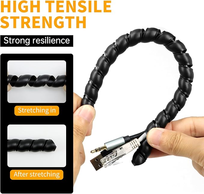 Spiral Wire Wrap, 9.84ft, 16.4ft, 33ft Spiral Cable Wrap Sleeve Hose for Computer, Power, Audio & Video Cords Stop Cord Tangle and Detangler (Black, 12mm (15/32")-16.4ft)