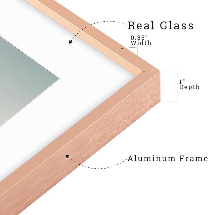 Frametory, 8x10 Metal Picture Frame with Mat for 5x7 Picture & Real Glass, Aluminum Photo Frame Collection (Rose Gold, 1 Pack)