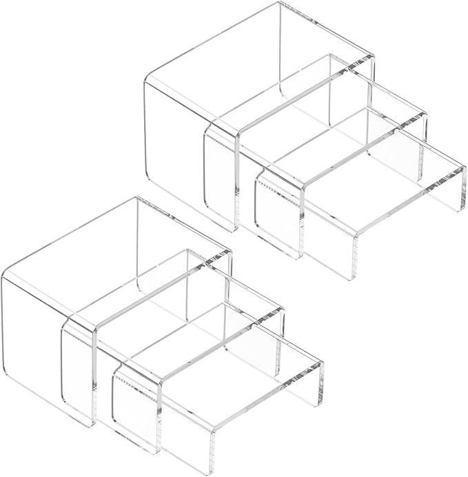 NIUBEE Acrylic Display Risers Stand 2 Sets,3 Steps Clear Riser Shelf Showcase for Amiibo Funko POP Figures -3"x3"x5"