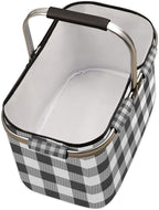 Plaid Collapsible Market Basket, White Black Stripe Leakproof Folding Collapsible Portable Picnic Basket Strong Aluminum Frame for Travel, Shopping, Camping & Lake Trips