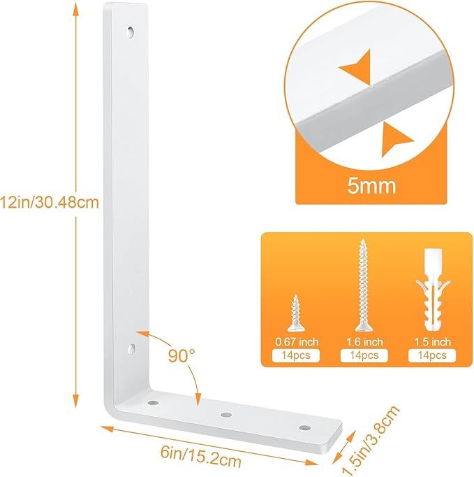 White Floating Shelf Bracket 12 Inch, 6 Pack Heavy Duty Shelf Brackets, Wall Shelf Bracket for DIY Decorative with Mounting Hardware