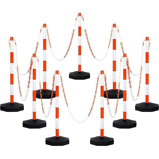 Amylove 9 Packs Traffic Delineator Post Cone with Base, Traffic Cones Safety Cones Caution Cones Plastic Stanchion Chain Safety Barriers with 6.6 Feet Link Chain and S Hooks for Parking Lot (Orange)
