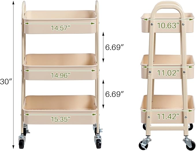 AGTEK 3-Tier Rolling Carts with Wheels, Rolling Utility Cart with Iron Frame for Kitchen, Plastic Shelves, Living Room, Office, Beige