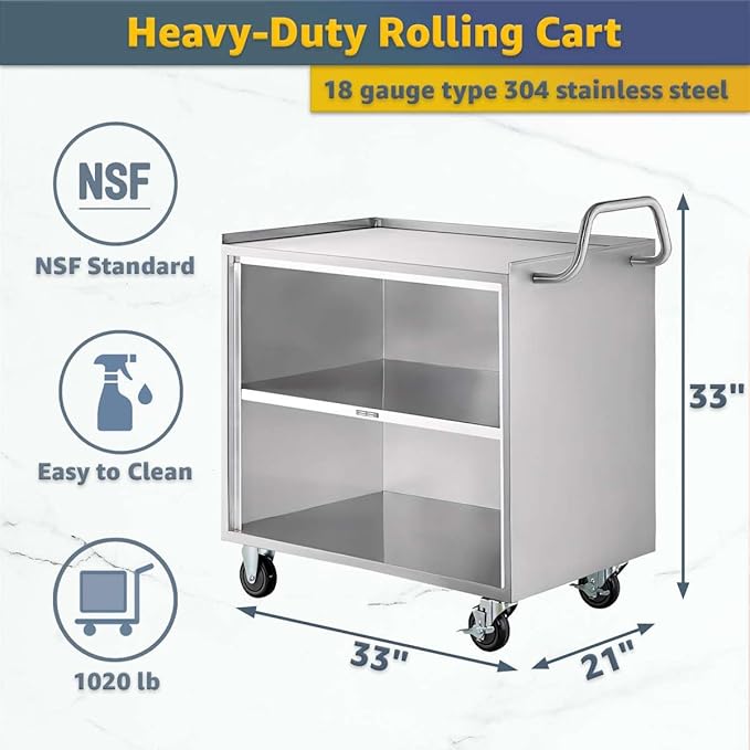 21" x 33" Stainless Steel Utility Cart with Enclosed Base and Open Front - 3 Shelf Heavy-Duty Commercial Service Cart - NSF Prep & Work Table for Kitchen, Catering, Restaurant