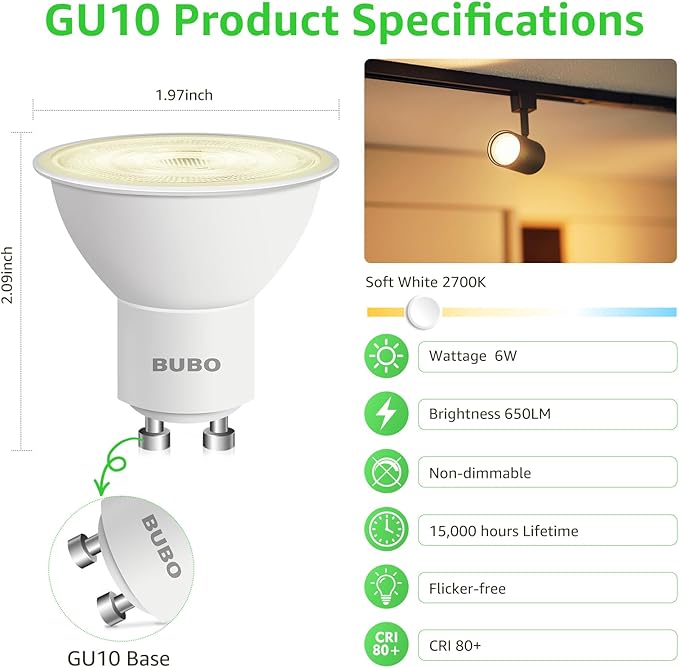 BUBO GU10 LED Bulb 6W Equivalent 50W, 2700K Soft White 650 Lumens, Non-Dimmable GU10 Bulb Replacement for Track Lighting, MR16 LED Bulb for Kitchen, Range Hood, Living Room, Bedroom, 20 Pack