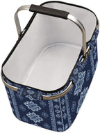 Collapsible Picnic Basket with Handle, Shopping Basket Aluminum Frame, Grocery Basket Tote for Women, Farmers Market Baskets, Harvest Baskets Travel Portable Beach Bag (Tribal-Floral Vintage Blue)
