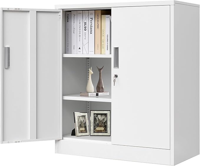 Metal Storage Cabinet, 36" H Locking Storage Cabinet with 2 Adjustable Shelves for Garage, Home, Office, Utility Room-White