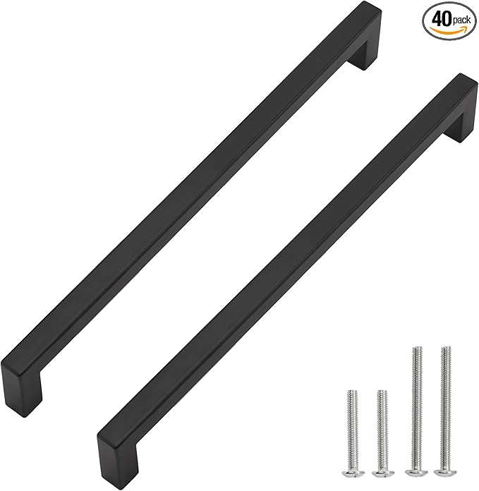 Cabinet Pulls Matte Black Cabinet Handles Square Drawer Pulls, 40 Pack 11-1/3 Inch Stainless Steel Kitchen Door Cupboard Cabinet Handles, Drawer Hardware Handles, 288mm Hole Centers