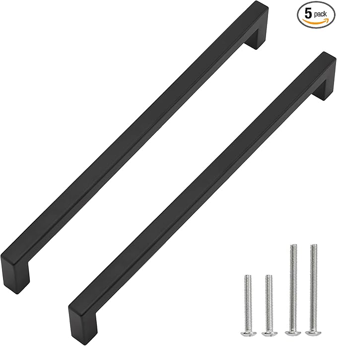 Cabinet Pulls Matte Black Cabinet Handles Square Drawer Pulls, 5 Pack 11-1/3 Inch Stainless Steel Kitchen Door Cupboard Cabinet Handles, Drawer Hardware Handles, 288mm Hole Centers