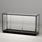 70”D * 20”W * 38”H - Freestanding Retail LED Full Vision Glass Display Case, Black Aluminum Frame, Two Adjustable Height Tempered Glass Shelves