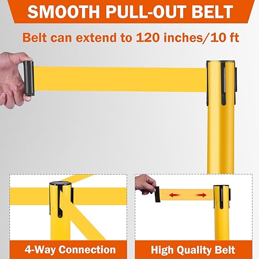 6 Pack Yellow Crowd Control Stanchions with 10FT Retractable Belts, Water Filled Base Posts, Barrier System for Lines, Events, and Public Spaces