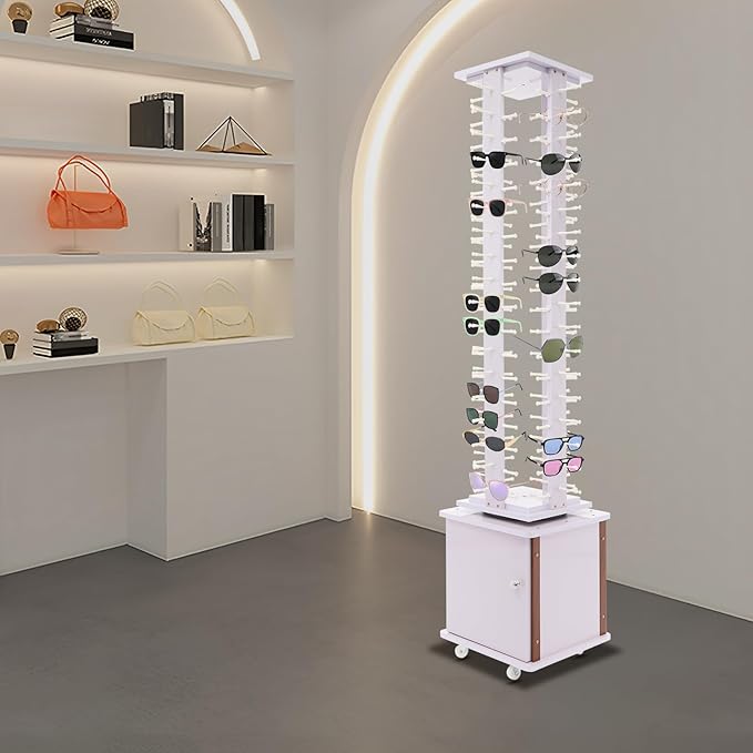 Sunglasses Display Stand, 72 Pairs Wooden 360° Rotating Sunglass Eyeglass Holder Organizer, Glasses Hanger Storage Rack for Retail Commercial Display, L14.2*H66.1in, White