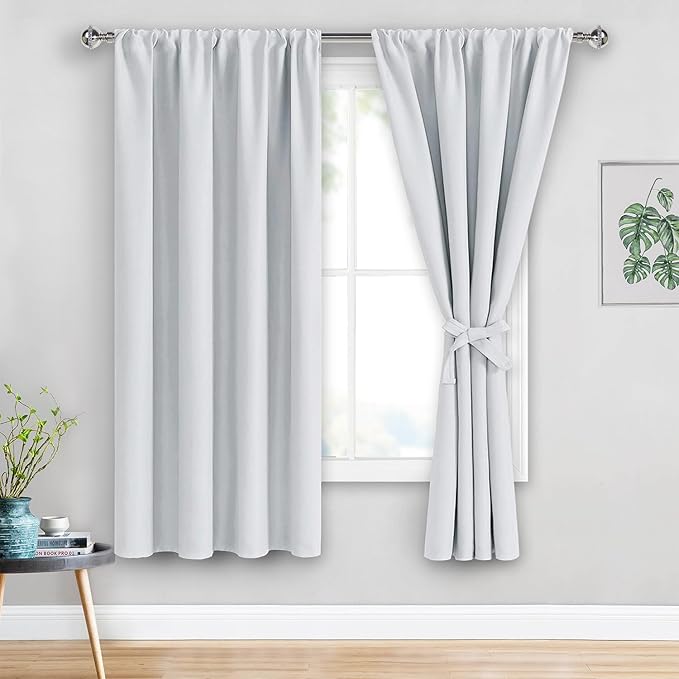 JIUZHEN Blackout Curtains for Bedroom– Thermal Insulated,Noise Reducing Room Darkening Rod Pocket Curtains for Living Room, Set of 2 Panels with Tiebacks, 42 x 63 inch Long, Greyish White