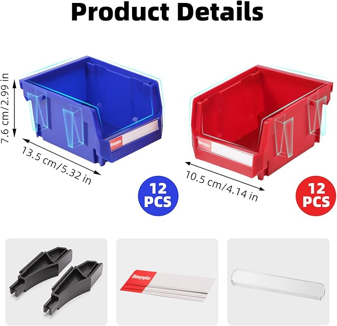 Stackable Storage Bins 24 Pack (5x4x3 Inch), Plastic Stackable Storage Organizer Bins Wall Mounted Hanging Small Parts Bin for Garage, Workbench & Office (Blue & Red)
