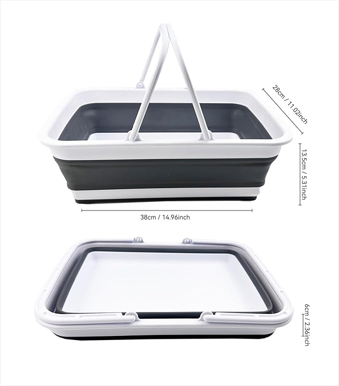 SAMMART Collapsible Basket with Handle 8L (2.1 Gallon) - Portable Outdoor Picnic Basket/Crate -Foldable Basin for Washing Dishes,Camping,Hiking (White/Steel Grey)