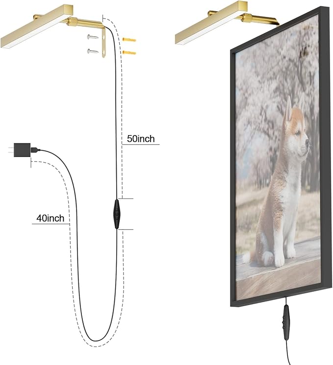 4W Plug in Picture Light for Paintings with Remote Control, 12" LED Art Display Lighting for Gallery, Dartboard, Artwork, Gold Wall Mounted Picture Frame Light