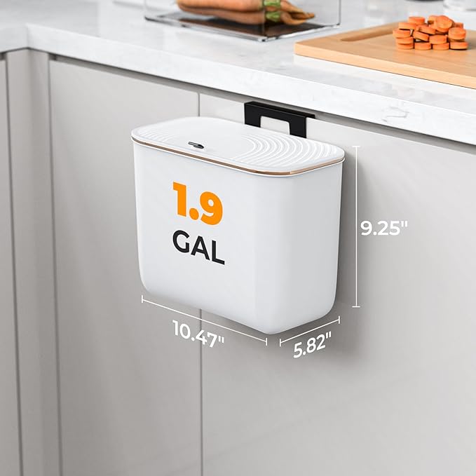 1.9 Gallon Hanging Trash Can - Small Under Sink Trash Can with Lid, Wall Mounted Garbage Bin for Kitchen & Bathroom Cupboard, Odor-Control, Extended Clamping Ring, White