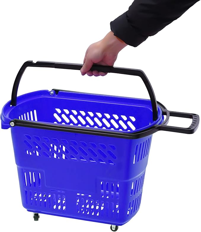 6PCS Shopping Carts with Wheels, 35L Portable Shopping Baskets Set with Handles Grocery Basket for Retail Store, Supermarket, Grocery |19" x 13.7" x 14" (Blue)