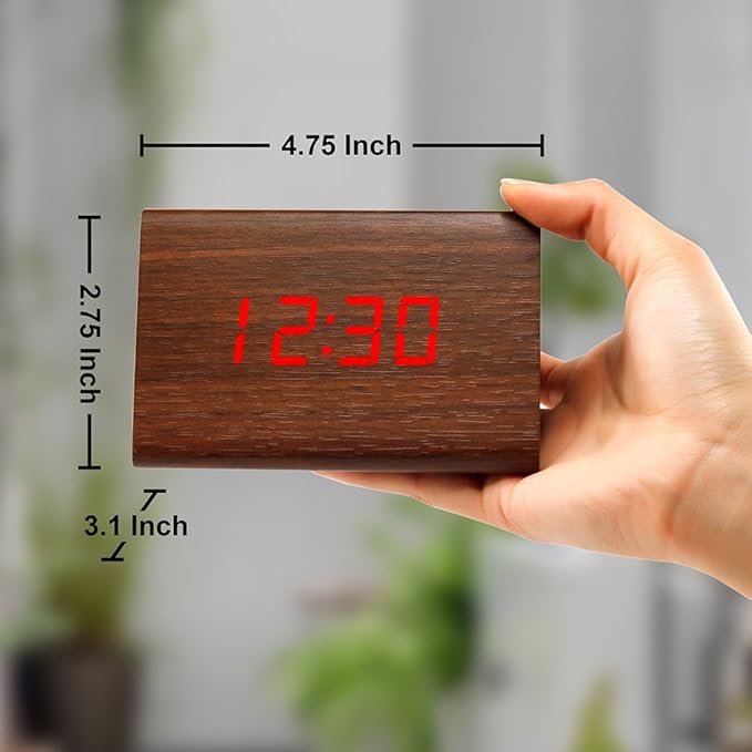 OCT17 Wooden Wood Clock, New Version LED Alarm Digital Desk Clock Adjustable Brightness, Alarm Time, Displays Time Date Temperature - Brown