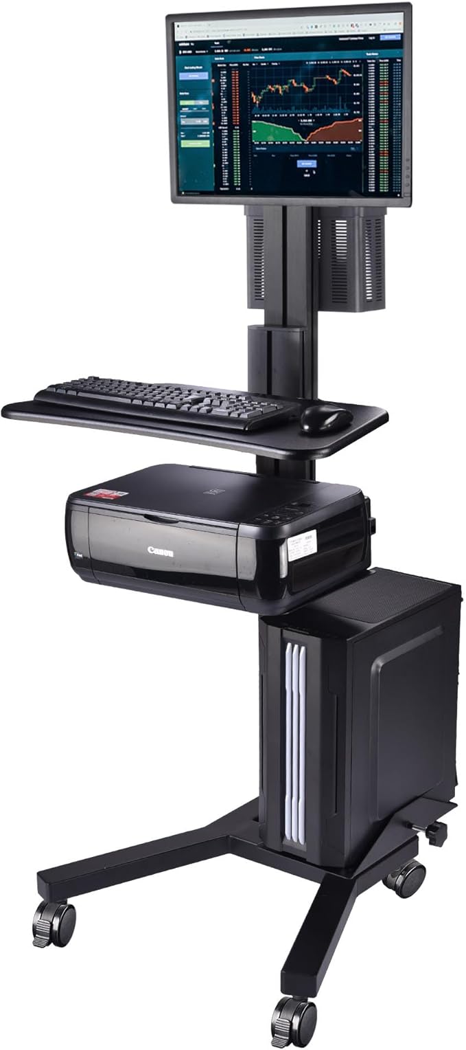Yescom Mobile Computer Cart Rolling PC Stand Desk Workstation on Wheels with Monitor Mount Adjustable Keyboard Tray CPU Printer Holder for Hospital Clinic School Office Black