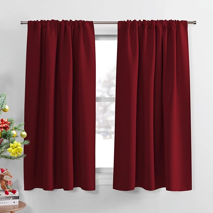 PONY DANCE Kitchen Blackout Curtains - Xmas Festival Decor Window Treatments Drapes Room Darkening Thermal Curtain Draperies for Home Decoration, W 42 by L 54 inches, Red, 2 Pieces
