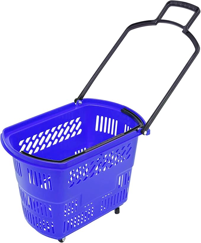 6PCS Shopping Carts with Wheels, 35L Portable Shopping Baskets Set with Handles Grocery Basket for Retail Store, Supermarket, Grocery |19" x 13.7" x 14" (Blue)