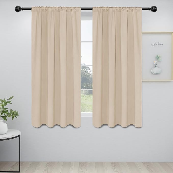 Easy-Going Rod Pocket Blackout Curtains for Bedroom, Room Darkening Window Curtains for Living Room, Thermal Insulated Noise Reduction Solid Window Drapes, 2 Panels(34x63 in, Beige)