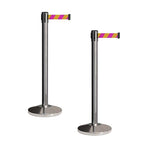 CCW Set of 2 Retractable Belt Barriers Stanchion, Polished Stainless Steel Post, RBB-100 (9 Foot Belt, Magenta and Yellow Diagonal Belt)