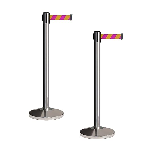 CCW Set of 2 Retractable Belt Barriers Stanchion, Polished Stainless Steel Post, RBB-100 (7.5 Foot Belt, Magenta and Yellow Diagonal Belt)