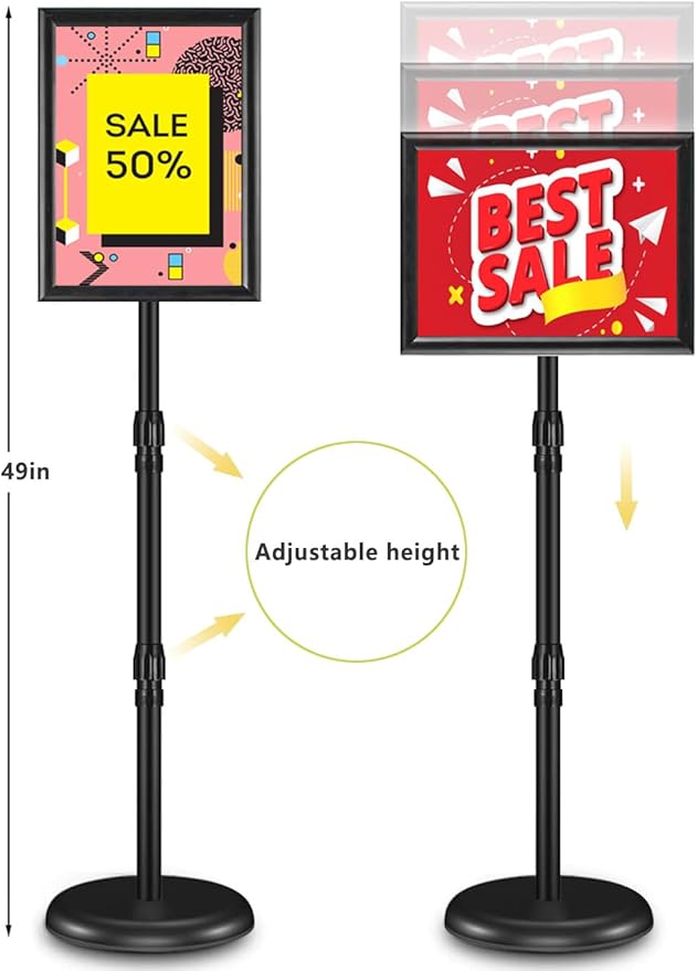 Adjustable Sign Holder Stand 8.5x11 inch, Floor Standing Sign Holder, 360° Rotation, Signage Stand with Snap-Open Frame Display, Outdoor Indoor Standing Display Sign Holders for advertising