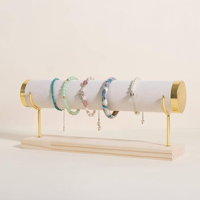 GemeShou Velvet Bangle storage oragenizer for selling,Beige bracelet storage rack for boutique store, Velvet wrap watch holder with wooden base for women girls【Bracelet holder-one tier】
