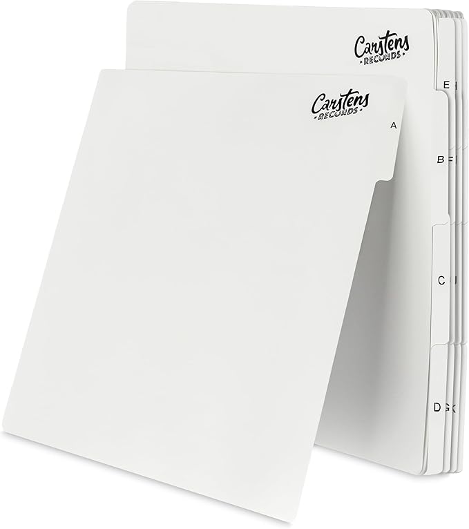 Carstens Records Heavy Duty Vinyl Album Dividers A-Z | Single Sided Printing | 12" LP Organizers with Tabs | Pack of 26 White | Made in The USA | for Side Browsing