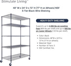 48"x24"x72" Prime Heavy Duty Black 5-Tier Steel Wire Shelving NSF 4000 LBS MAX Capacity Storage Rack for Commercial, School, Home, Garage, Warehouse, Industrial, and Hospital Uses (with Wheels)
