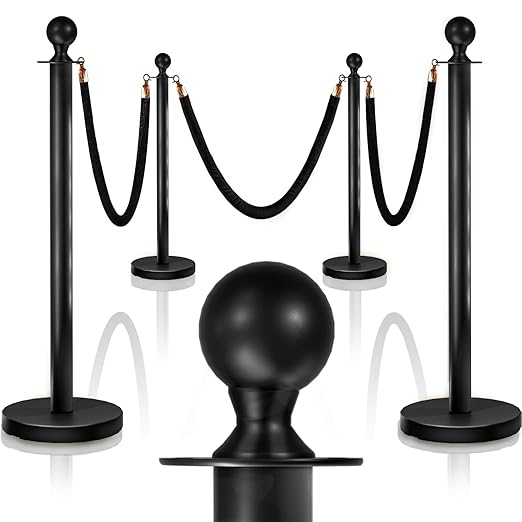 4PCS Black Stanchions Posts with 3PCS 5 ft Black Velvet Rope, Black Velvet Rope Stanchion Set Crowd Control Barriers, Stanchions and Velvet Ropes Red Carpet Poles for Party Supplies