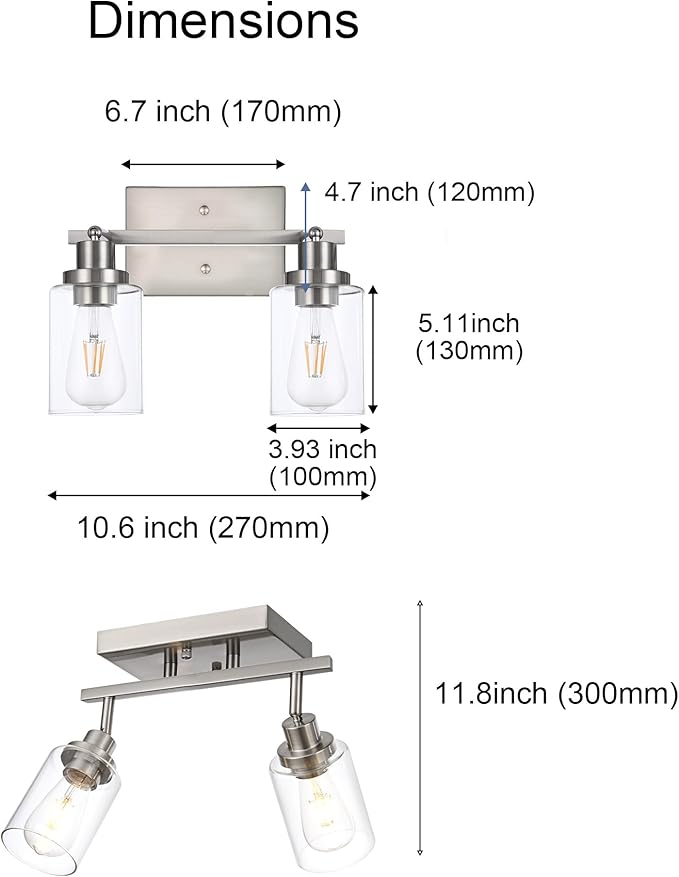 2 Light Track Lighting Kit Brushed Nickel Kitchen Track Lighting Fixtures Ceiling Mount Bathroom Vanity Wall Scones Light Fixture with Clear Glass, Rotatable Spotlight for Kitchen Shop Hallway