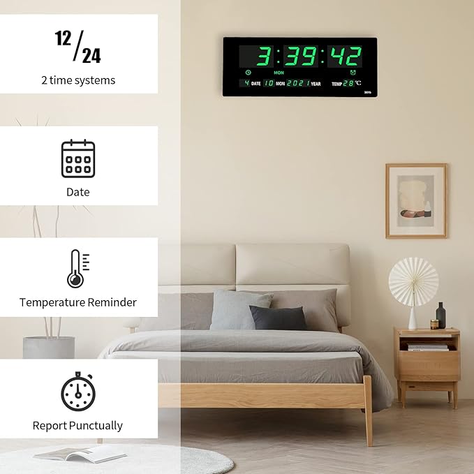 14.1 Inch Oversized LED Digital Wall Clock with Indoor Temperature, Seconds, Date, Day, Memory Function Adapter Included, Wall Decorative for Living Room, Office, Conference Room, Bedroom，Green