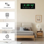 14.1 Inch Oversized LED Digital Wall Clock with Indoor Temperature, Seconds, Date, Day, Memory Function Adapter Included, Wall Decorative for Living Room, Office, Conference Room, Bedroom，Green