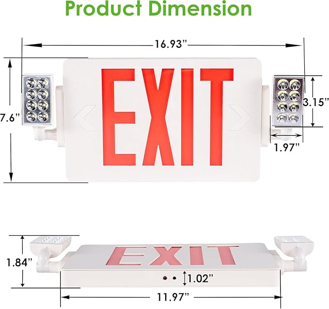 Gruenlich LED Combo Exit Sign, Emergency Light with 2 Adjustable Heads and Double Face, Back Up Batteries- US Standard Red Letter EXIT, UL 924 Qualified, 120-277 Voltage, 6-Pack