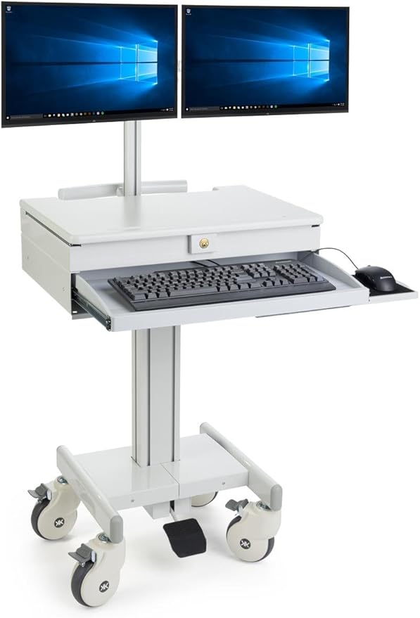 Displays2go Mobile Medical Cart with 2 Monitor Holders, Height Adjustable, Pullout Tray, Steel, Plastic, MDF – Gray (DWMDC2M)