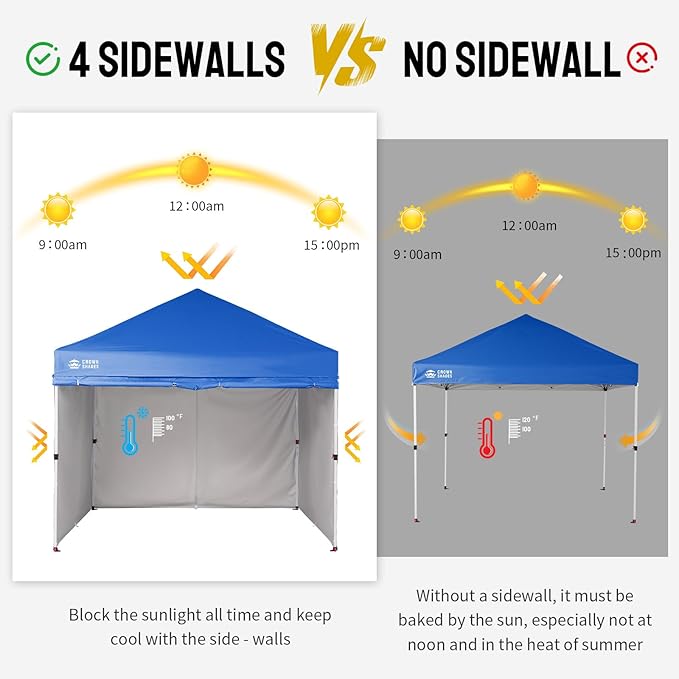 CROWN SHADES 10X10 Comercial Instant Canopy Pop Up Tent with Center Lock, 300D Fabric, 4 Sidewalls, Sto'N Go Bag, Blue