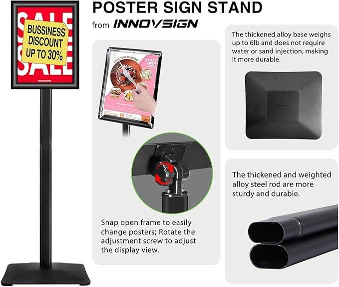 Heavy Duty Adjustable Pedestal Poster Sign Stand, 11x17 Aluminum Open Floor Standing Sign Holder for Vertical and Horizontal View Display, Black