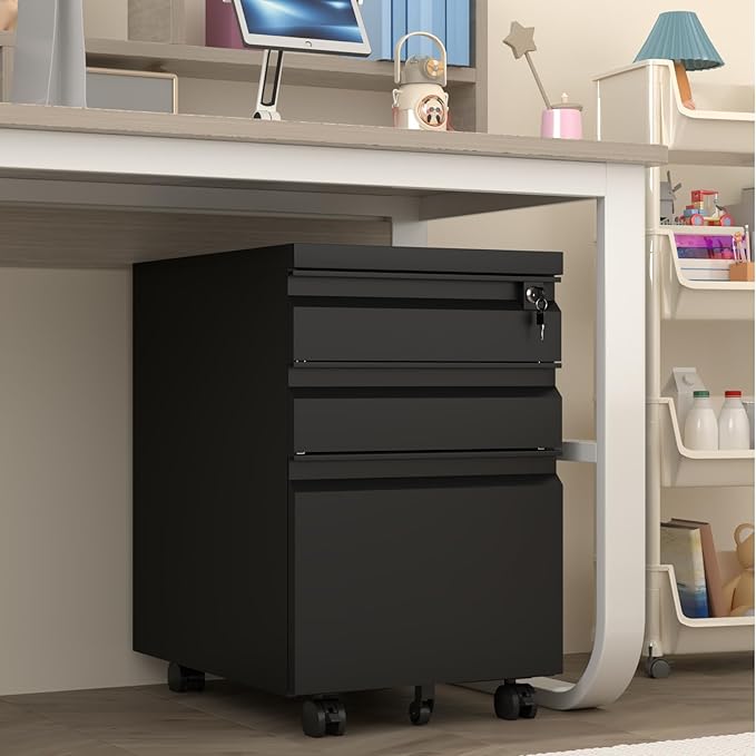 3 Drawer File Cabinet with Lock, Mobile Metal Filing Cabinet on Wheels, Under Desk Small Filing Cabinet for Home Office Storage, Letter/Legal/A4 Drawer Organizer with Anti-Tip Wheels (Black)