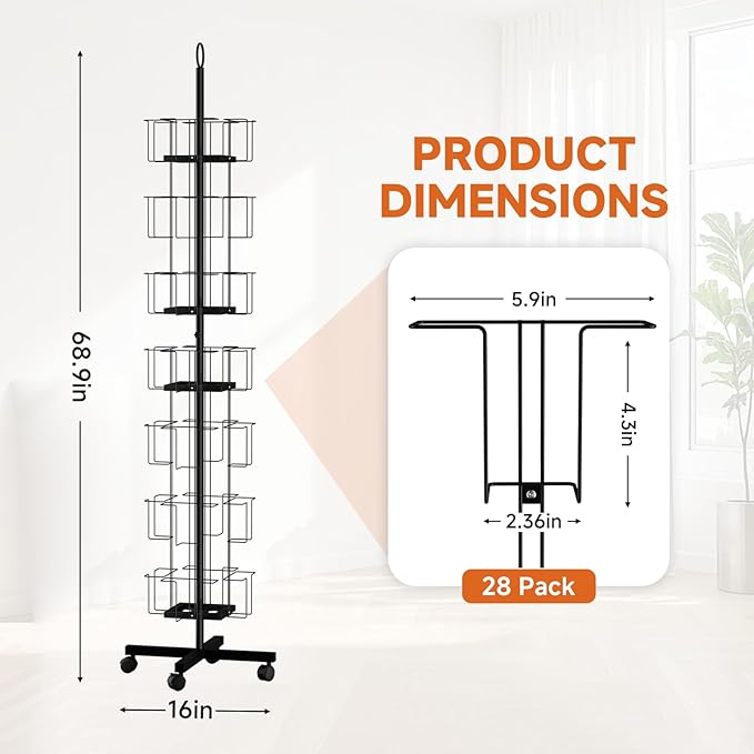 TONGMO 7-Tier Greeting Card Display Rack: 28-Pocket Rotating Countertop Stand for Postcards, Brochures, and Greeting Cards (White, 68.9”H)