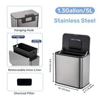 1.3 Gallon Hanging Trash Can with Lid, Stainless Steel Garbage Can with Inner Bucket and Charcoal Filter, Small Compact Trash Bin for Countertop or Under Sink