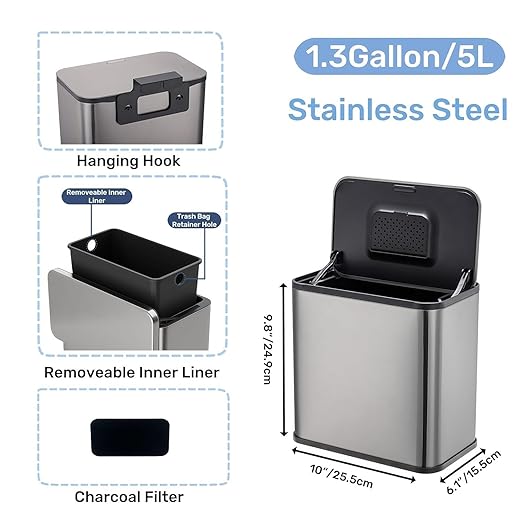 1.3 Gallon Hanging Trash Can with Lid, Stainless Steel Garbage Can with Inner Bucket and Charcoal Filter, Small Compact Trash Bin for Countertop or Under Sink