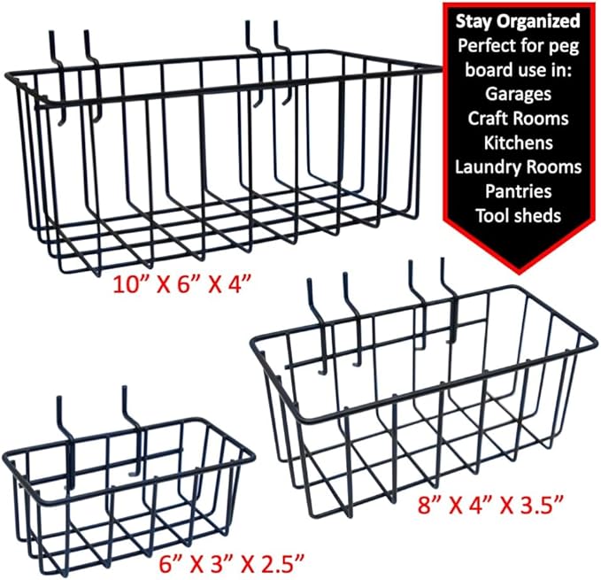 Heavy Duty Peg Board Hook Baskets for ¼ Pegboard Holes, Set of 3 Black Wire Baskets, Extra Thick Metal Fit Snugly in Pegboards with ¼ Inch holes, ¼” Peg Board Organizer Accessories for Tools and More