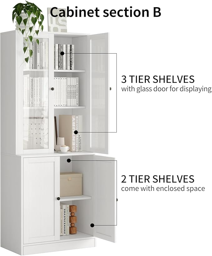 TUSY 71" H Bookshelf Bookcase with Doors, 3-Tier Modern Bookshelves with 3 Large Drawer, Display Bookcase with Glass Doors, Modern 5-Tier Curio Cabinet for Home Office, Dining Room (White, AB)