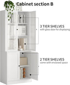 TUSY 71" H Bookshelf Bookcase with Doors, 3-Tier Modern Bookshelves with 3 Large Drawer, Display Bookcase with Glass Doors, Modern 5-Tier Curio Cabinet for Home Office, Dining Room (White, AB)